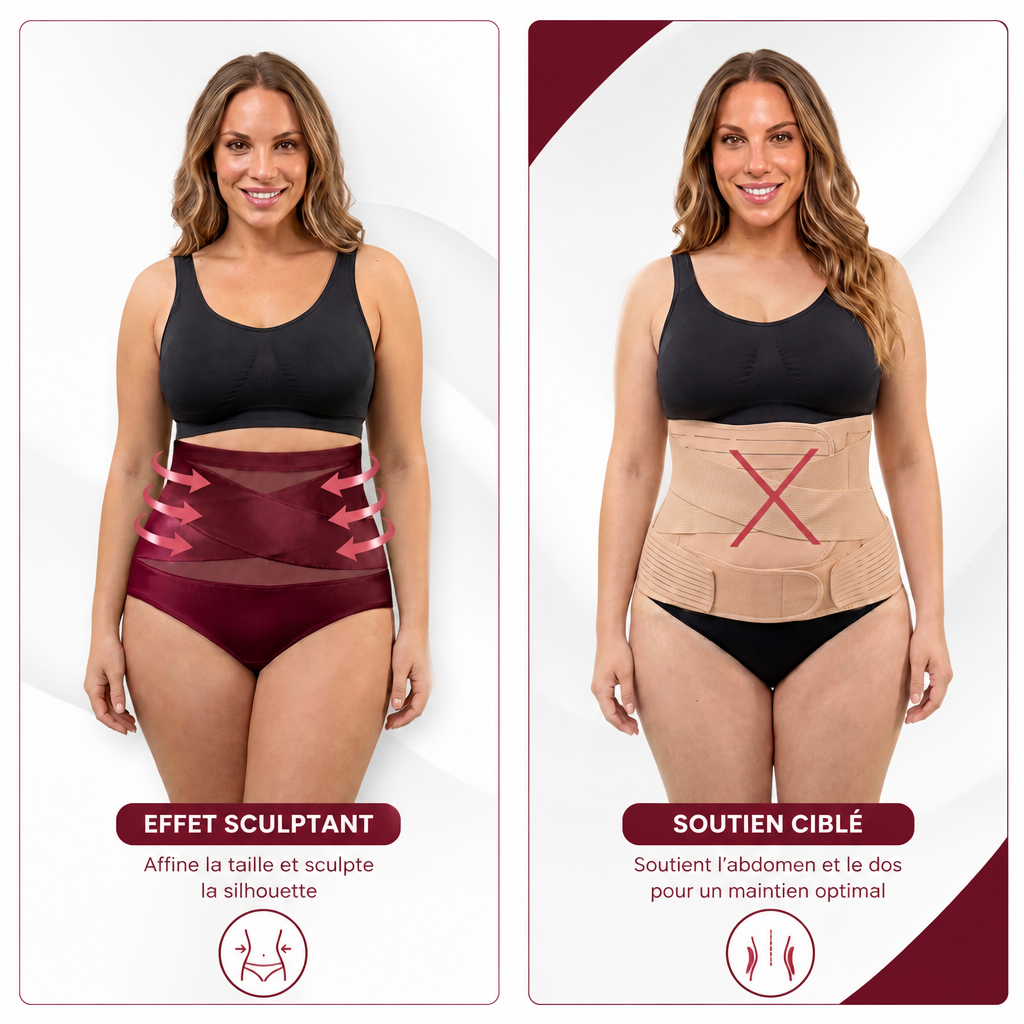 Culotte gainante Taillène à bande croisée comparée à une ceinture de soutien classique